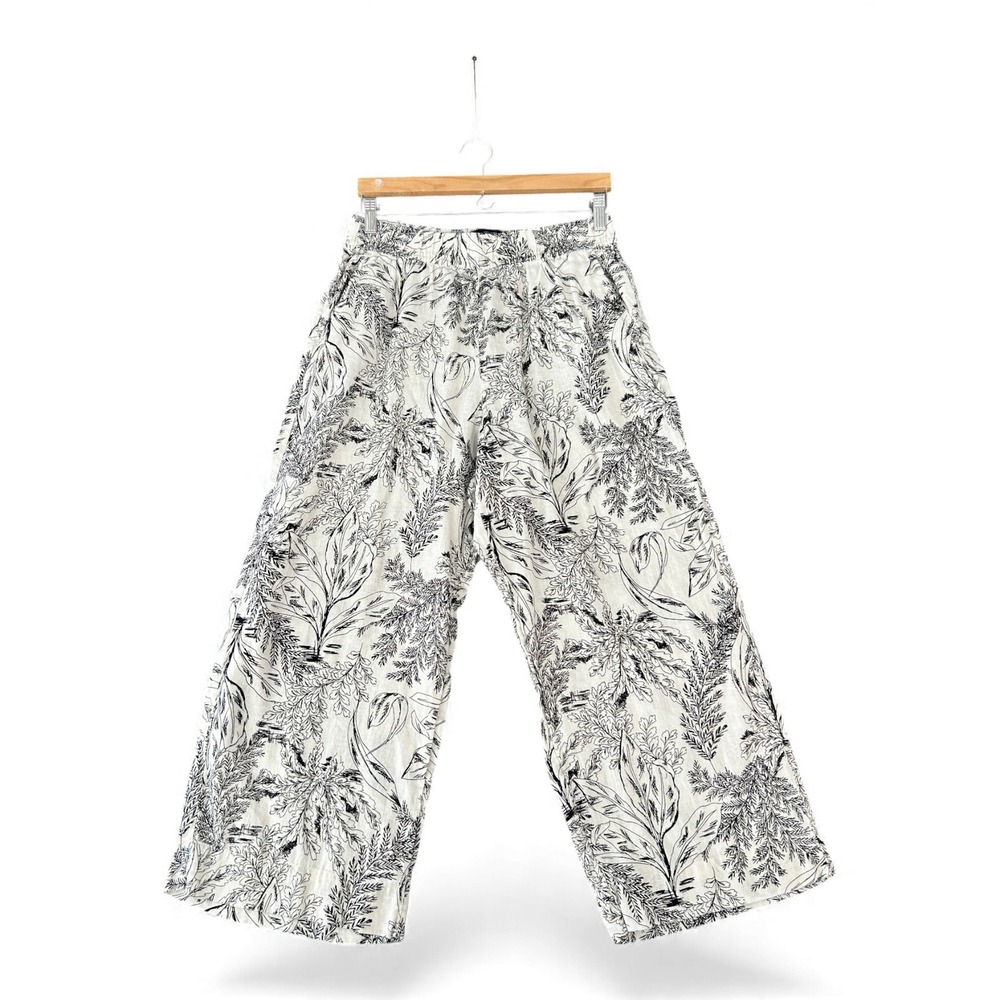 TAHARI Linen Wide Leg Pants Black White Tropical Leaf‎ Print Size Medium